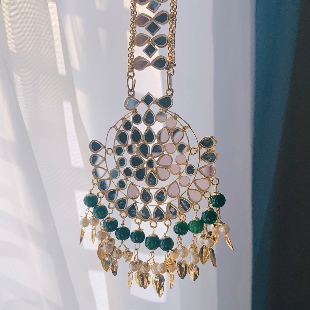 Jewelry Set Earrings Tika Headpiece Indian Bollywood Mirror Work Kundan Bead - Picture 7 of 8